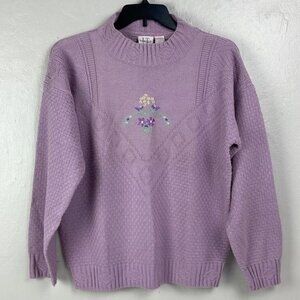 Vtg LT Casuals Liz Thomas Purple Basket Stitch Sweater Floral Embroidery LARGE